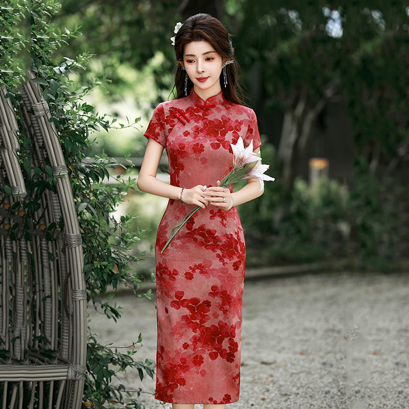 红色国风新中式小个子中长款旗袍改良年轻款女高级感复古短袖夏季