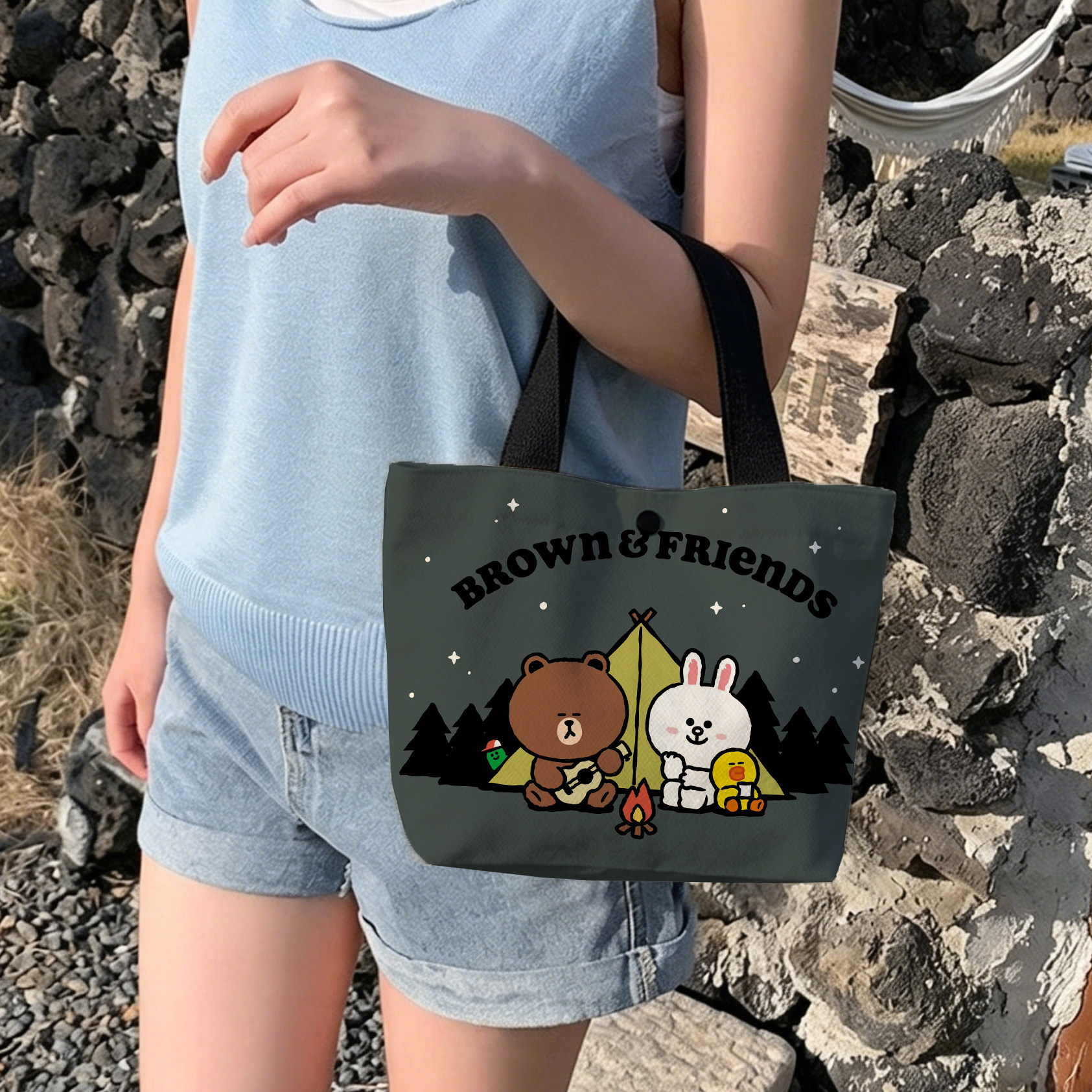 可爱卡通布朗熊帆布包女手提包便携大容量日系托特包手拎包软包