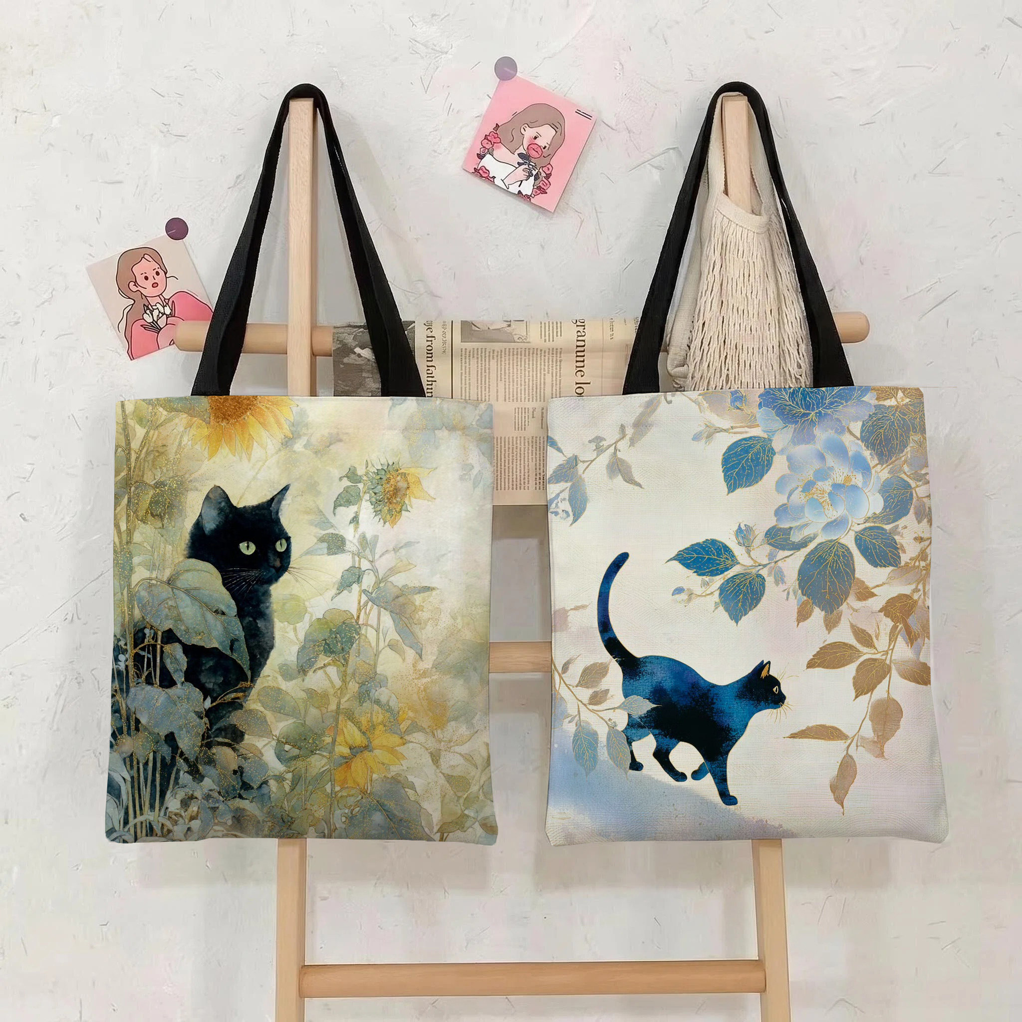 美式复古猫咪印花少女心帆布包可爱百搭双肩包休闲包定制定做