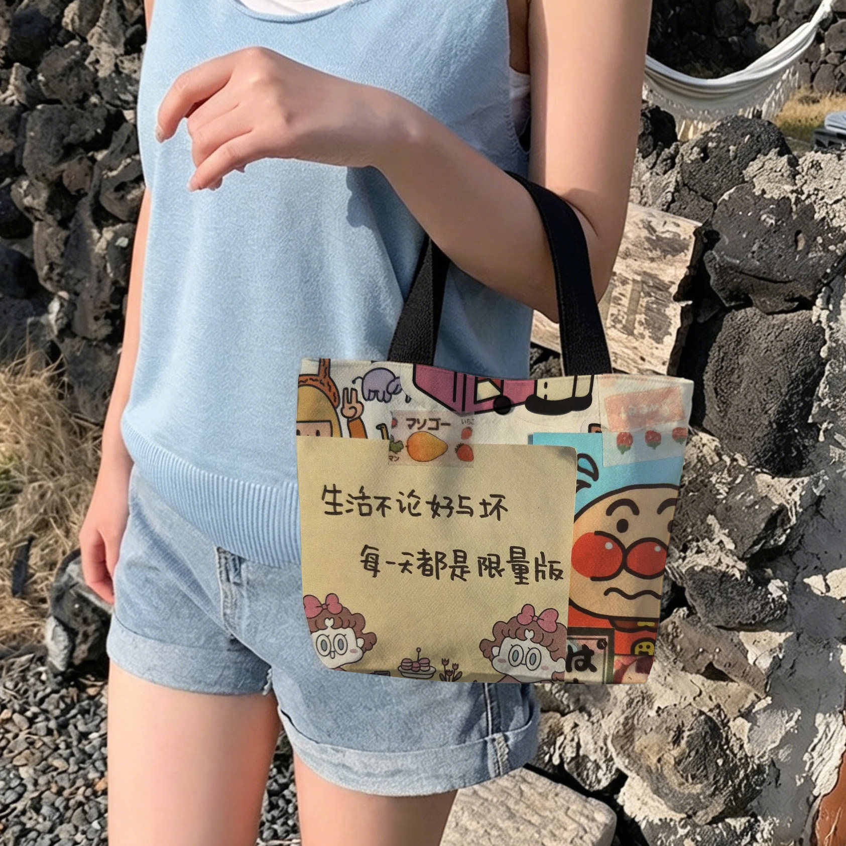 可爱卡通印花帆布包女大容量手提包百搭通勤托特包时尚百搭软包