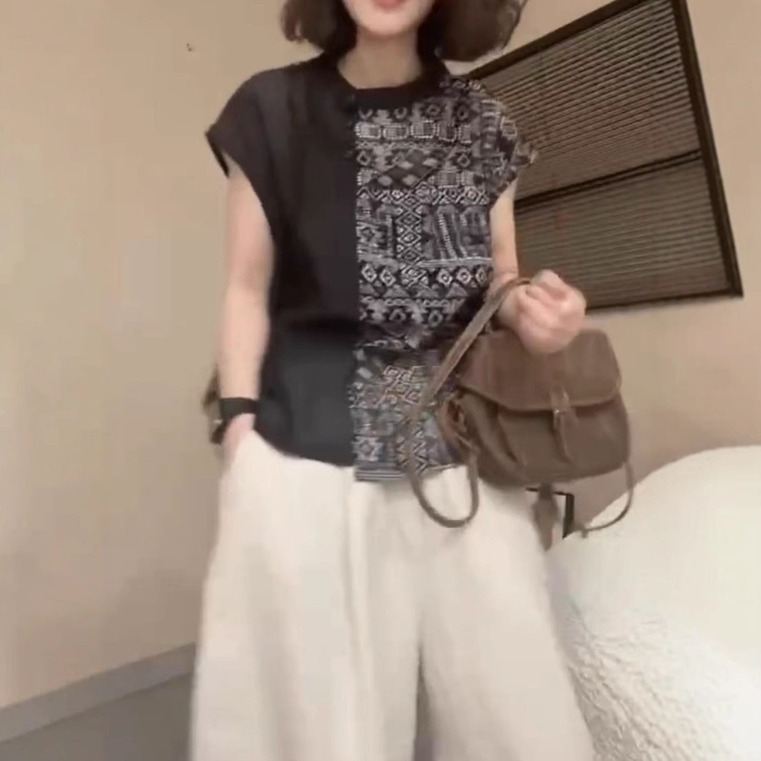 日系gentle motto夏季新款宽松印花拼接上衣休闲阔腿长裤洋气