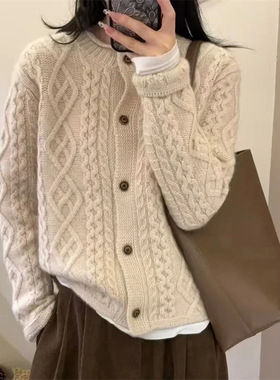 法国gentle motto欧货秋冬重工绞羊毛开衫女加厚粗毛线针织衫秋冬