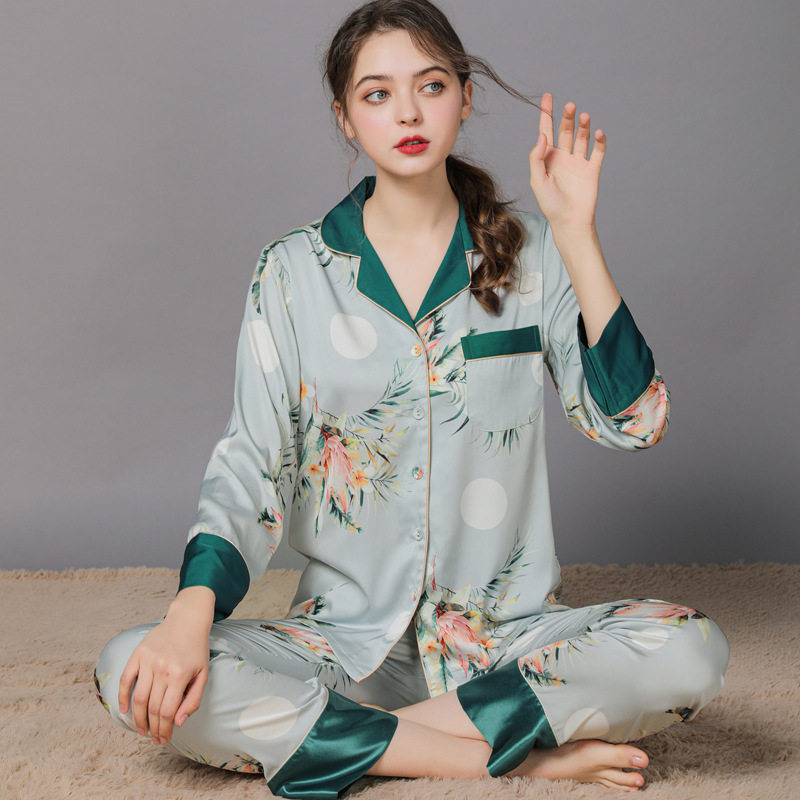 法国gentle motto女夏季睡衣套装性感丝绸长袖软绵绵睡衣家居服