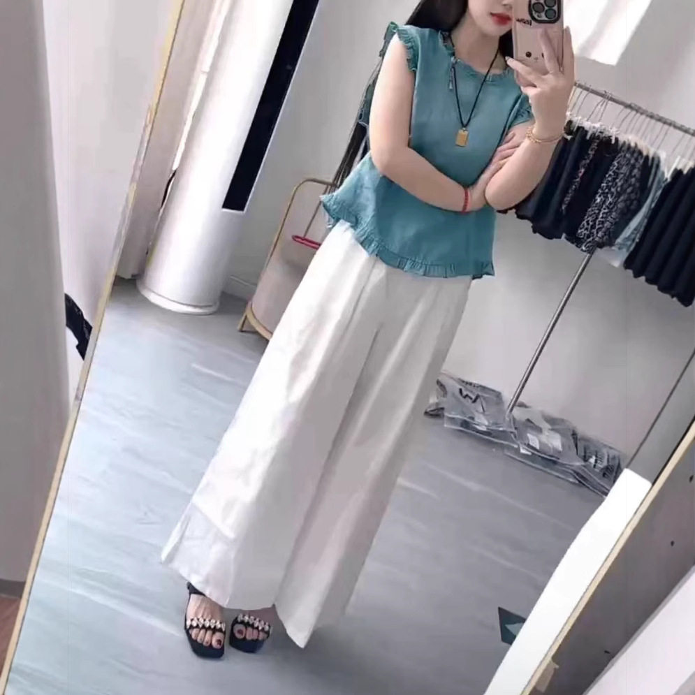 日系gentle motto夏季新绝美减龄无袖格子上衣宽松垂感长裤女