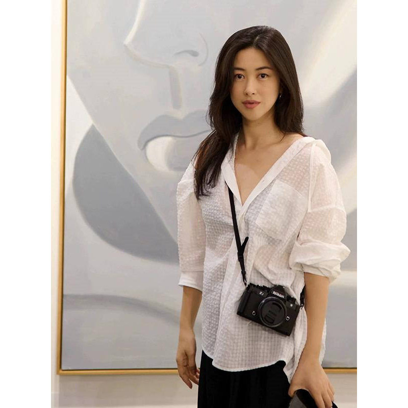 法国gentle motto朱珠白色泡泡纱肌理感连帽衬衫女新款宽松轻薄