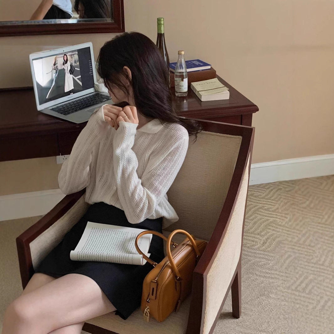 法国Gentle Motto早春新款娃娃领镂空羊毛针织毛衣外套女开衫法式