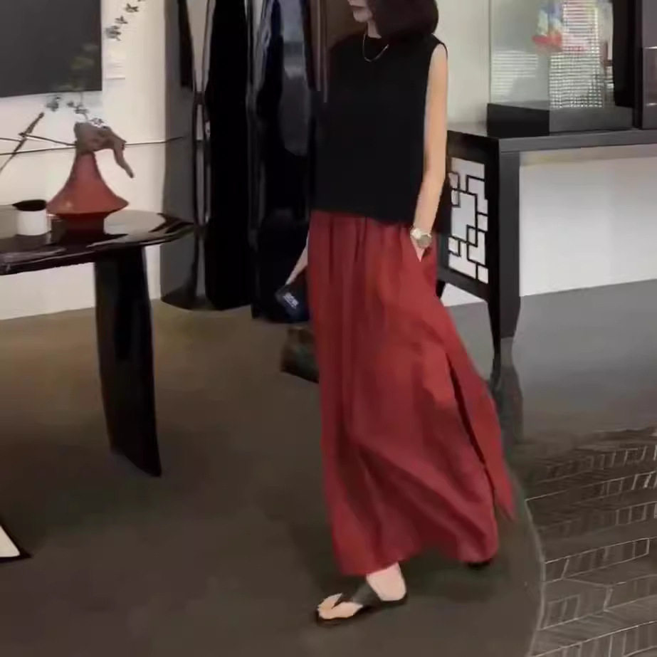 日系gentle motto夏季新款高级感无袖马甲高腰开叉半身裙女潮