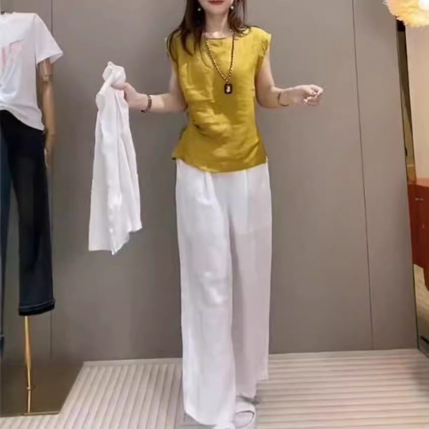 日系gentle motto夏季新款时尚收腰无袖上衣高腰阔腿长裤女装