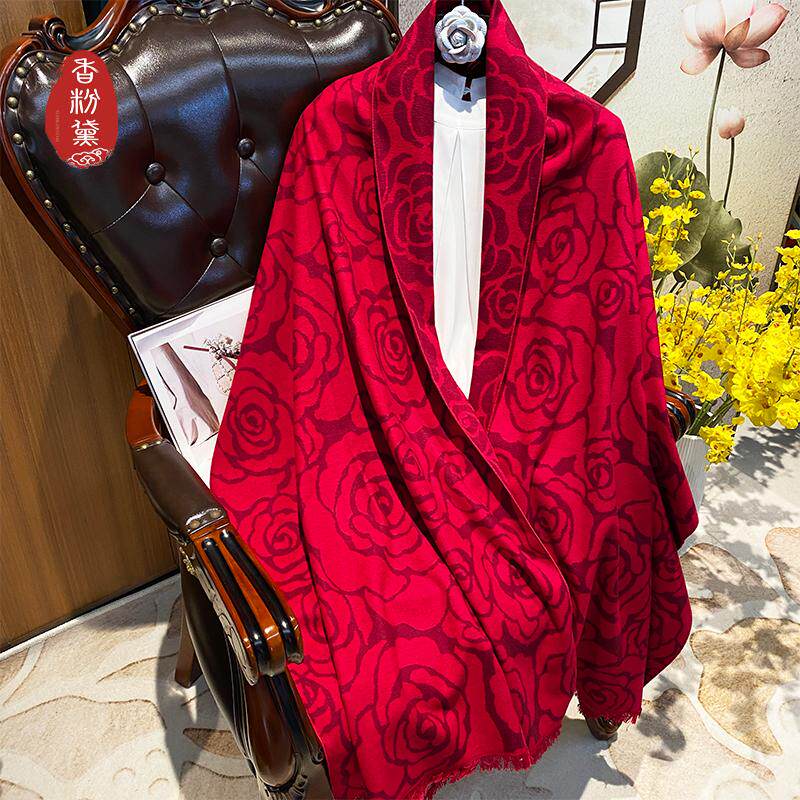 山茶花 桑蚕丝100%拉绒秋冬保暖披肩高端送礼真丝长款红色围巾女