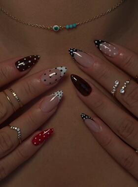 美式波点杏仁尖春秋黄黑皮显白法式焦糖红色纯手工穿戴甲孕妇可用