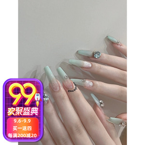 高定浅粉蓝美甲猫眼渐变显白爱心钻手工穿戴甲贴片防水长款