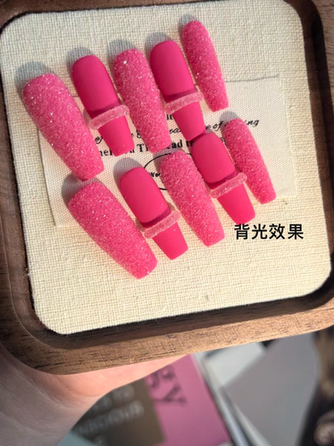 原创实拍欧美流行芭比火龙果色长款糖霜穿戴甲显白名媛风可拆卸
