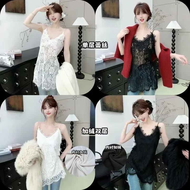 卡卡女装正品店新款百搭蕾丝花边叠穿吊带背心打底衫内搭上衣镂空