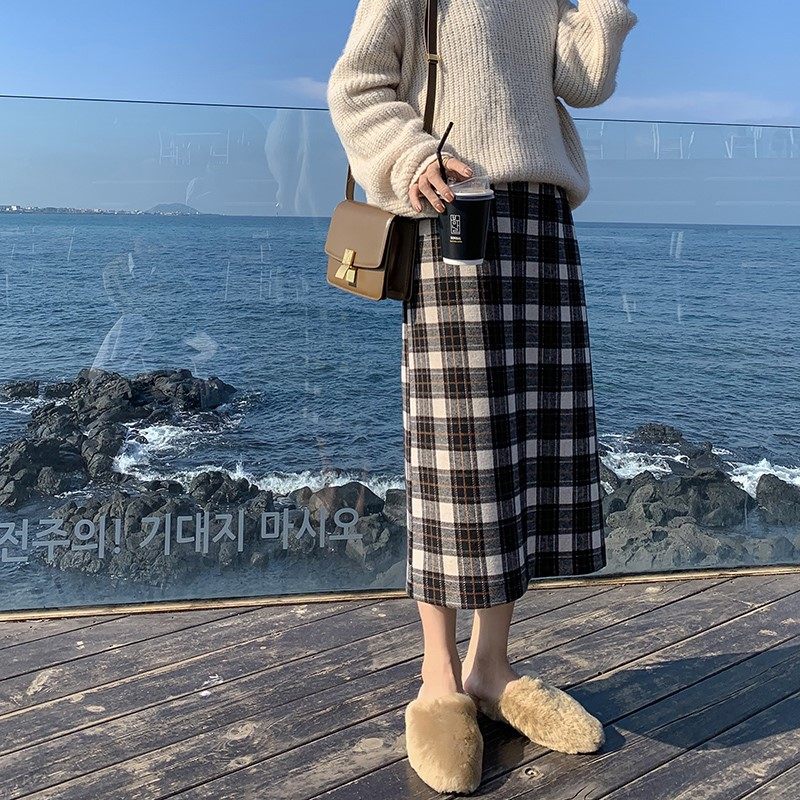 EKOOL中长款格子毛呢半身裙女秋冬高腰加厚a字裙开叉显瘦一步裙子|ruв категории Женская одежда, юбка - от Buy2taobao.com для оказания профессиональной услуги покупки агента Taobao