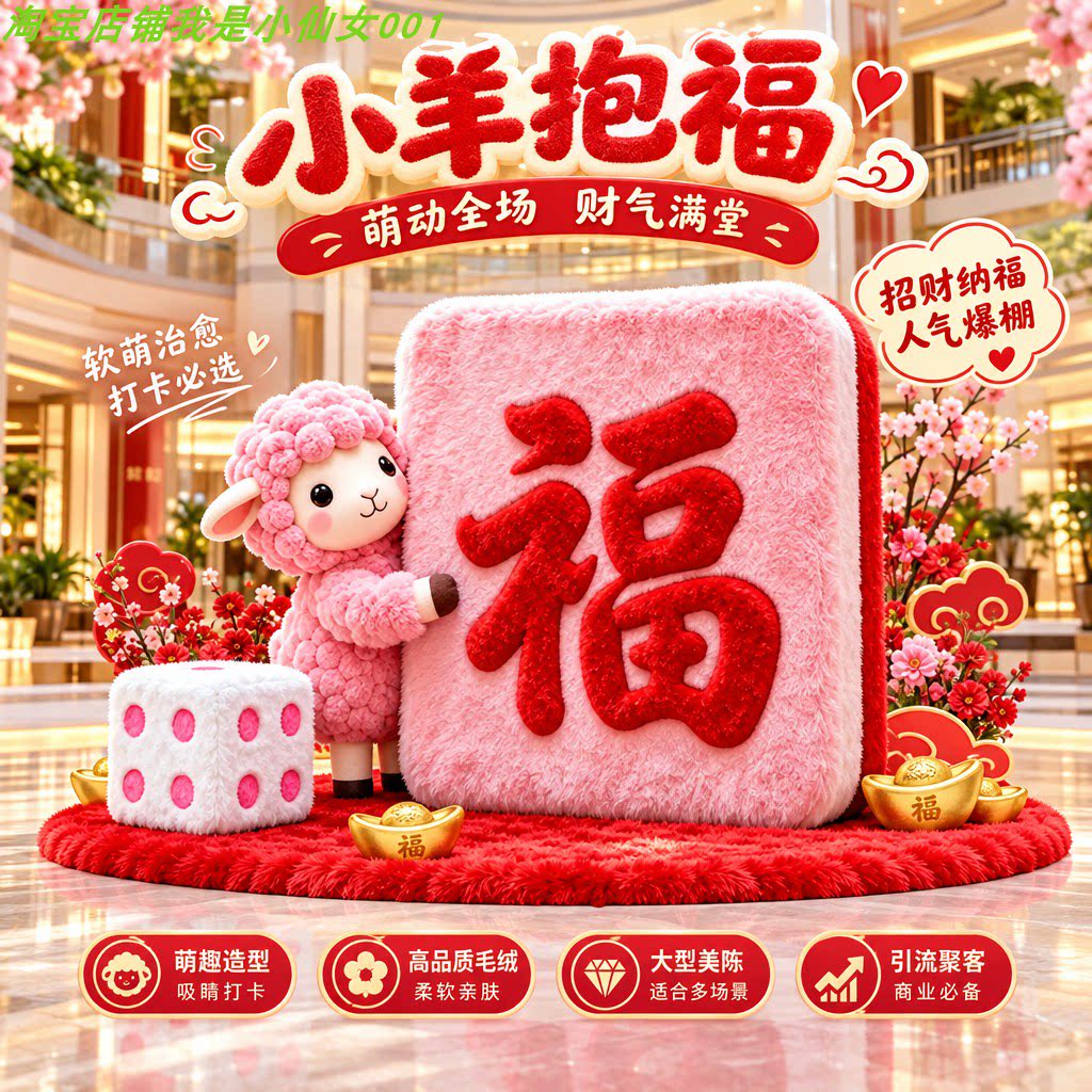 小羊抱福毛绒福字摆件新年装饰萌趣造型招财纳福商场装饰品美陈