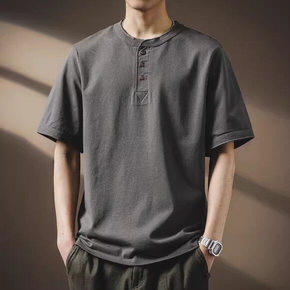 高端美式复古亨利领Polo衫男夏季潮牌宽松体恤纯棉重磅短袖T恤男