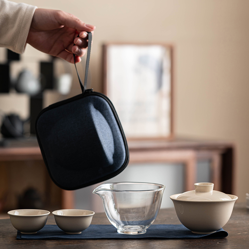 优选灰陶瓷盖碗旅行茶具一壶二杯户外便携式露营泡W茶快客杯套.
