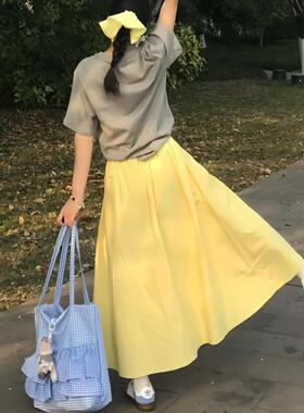 梨妹之家黄色半身裙女夏季高腰蓬蓬裙中长款伞裙a字梨型身材显瘦