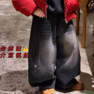 男童女童重工烫钻黑色亮闪闪阔腿裤春秋薄儿童裤子大童宽松牛仔裤