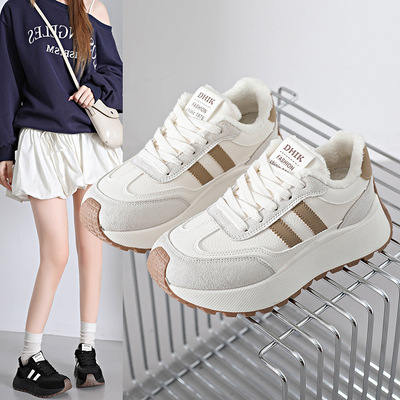 加绒运动鞋女款2025新款冬季加厚保暖黑色初中学生防滑厚底老爹鞋