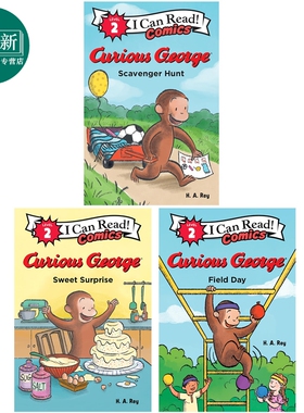预售 我可以读2级漫画版 好奇猴乔治 共3册 寻宝游戏+甜蜜惊喜+运动会 I Can Read Curious George 英文原版 分级阅读 又日新
