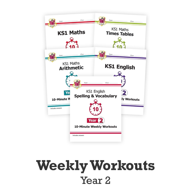 预售 英国CGP原版 Year 2 Maths English 10-Minute Weekly Workouts 小学2年级英语拼写 数学算术 学练套装5册 含答案