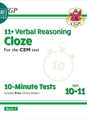英国CGP 11+ CEM 10-Minute Tests: Verbal Reasoning Cloze - Ages 10-11 Book 2 with Online Ed 又日新