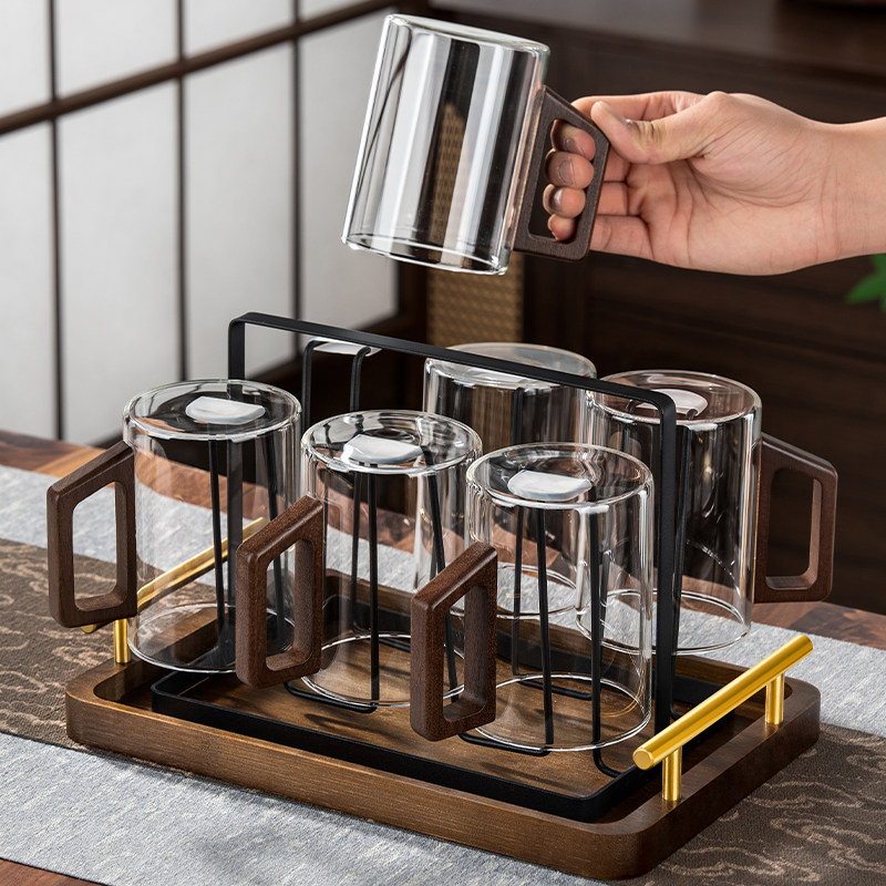 玻璃杯套装水杯家用待客茶杯耐高温轻奢高档带把手喝水绿茶杯6祇