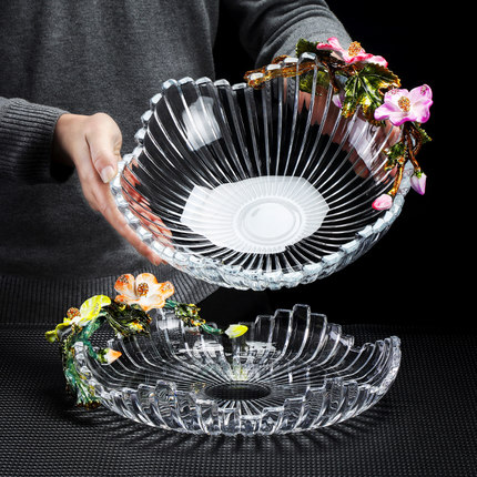 珐琅彩果盘创意水果盘水晶玻璃结婚奢华家用客厅茶几零食盘摆件