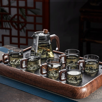 耐高温玻璃茶具套装家用办公室木把防烫喝茶杯轻奢高档功夫泡茶壶