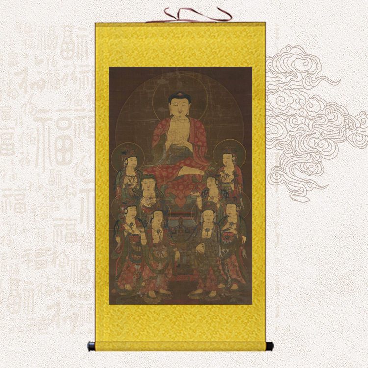 阿弥陀佛八大菩萨佛像挂画真迹复制喷绘丝绸卷轴画文殊普贤观世音