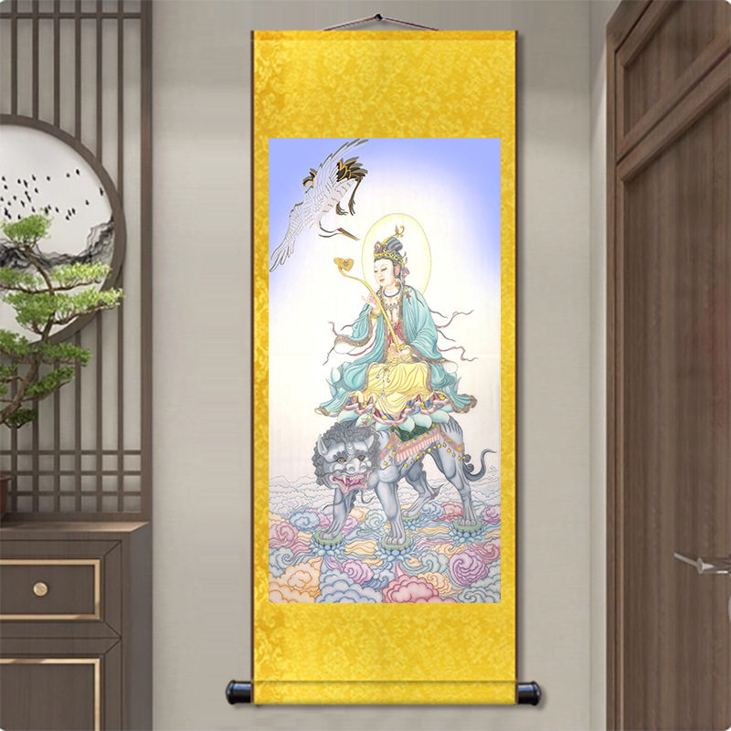 观音教化仙鹤画像滴水观世音佛像画佛堂丝绸卷轴挂画书法玄关