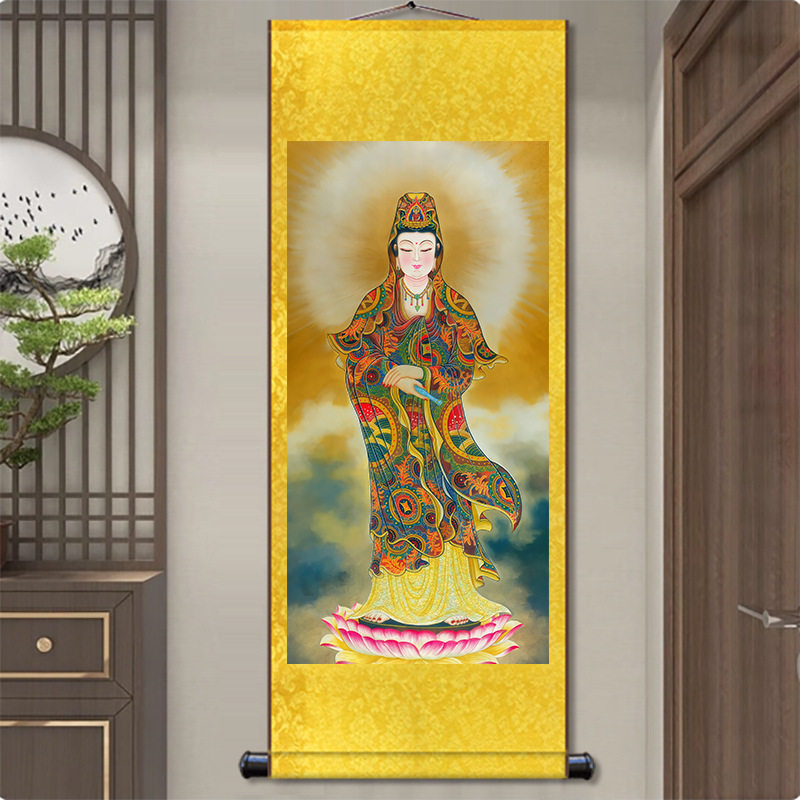 观音菩萨画像滴水观世音佛像画佛堂丝绸卷轴挂画书法玄关