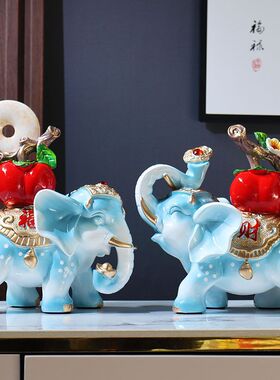 柿柿如意招财大象摆件一对客厅电视柜酒柜家居装饰品乔迁新居礼品
