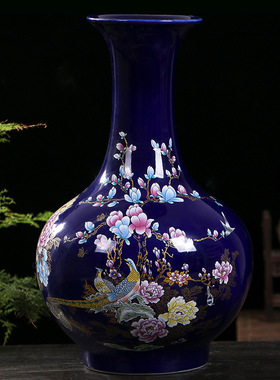 宝石蓝釉中式陶瓷赏瓶 景德镇瓷器家居客厅摆件工艺品礼品