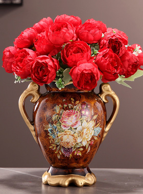 欧式轻奢陶瓷花瓶摆件美式复古现代客厅装饰品仿真花干花艺插花器