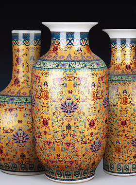 景德镇陶瓷器珐琅冬瓜花瓶摆件中式家居客厅电视柜插花办公室装饰