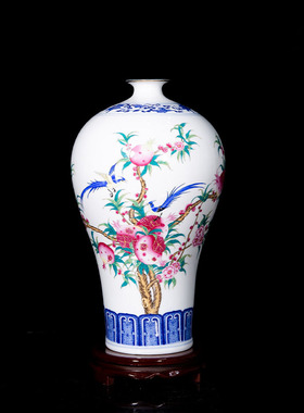 厂家直销景德镇陶瓷花瓶摆件粉彩花鸟梅瓶中式家居陶瓷工艺品摆件