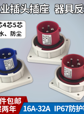 不防爆16A母插座IP67防水器具反插头3芯4心5孔工业插座32A