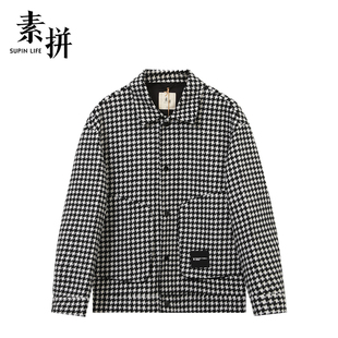 素拼男装秋冬复古格子毛呢外套男士格纹呢子大衣短款