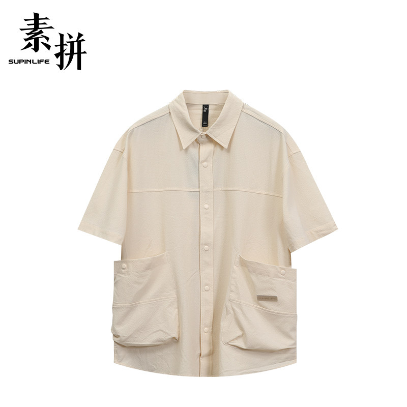 素拼男装夏季薄款透气舒适男士短袖衬衫宽松潮牌工装口袋翻领衬衣