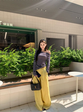 天丝冰氧棉薄款防晒一字肩T恤长袖休闲风条纹宽松型一字领莱赛尔