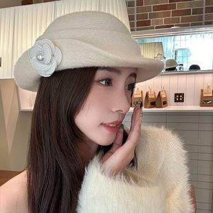 礼貌帽女法式风秋冬赫本千金风优雅珍珠花礼帽气质影楼渔夫帽子显