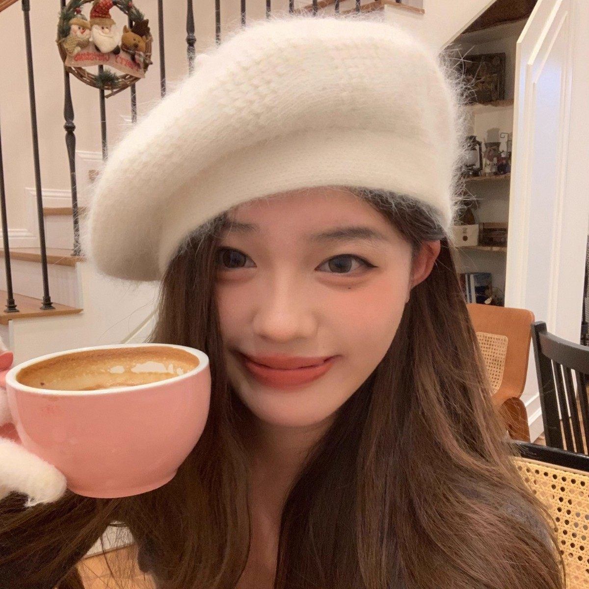 兔毛线贝雷帽女款留洋冬季高端白色显脸小秋冬保暖针织大头围毛绒