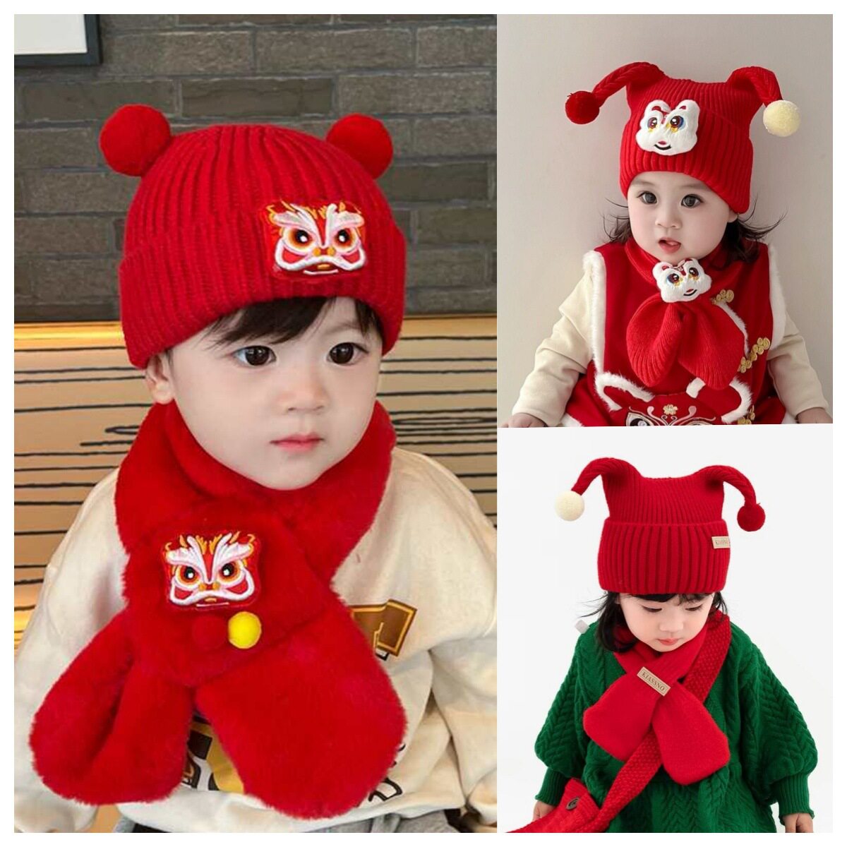 红色帽子女童新年儿童围巾套装秋冬季宝宝婴儿毛线帽针织男童圣诞