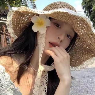 草帽海灘大帽檐蕾絲系帶女夏海邊度假田園風鏤空大檐遮陽 巨好看