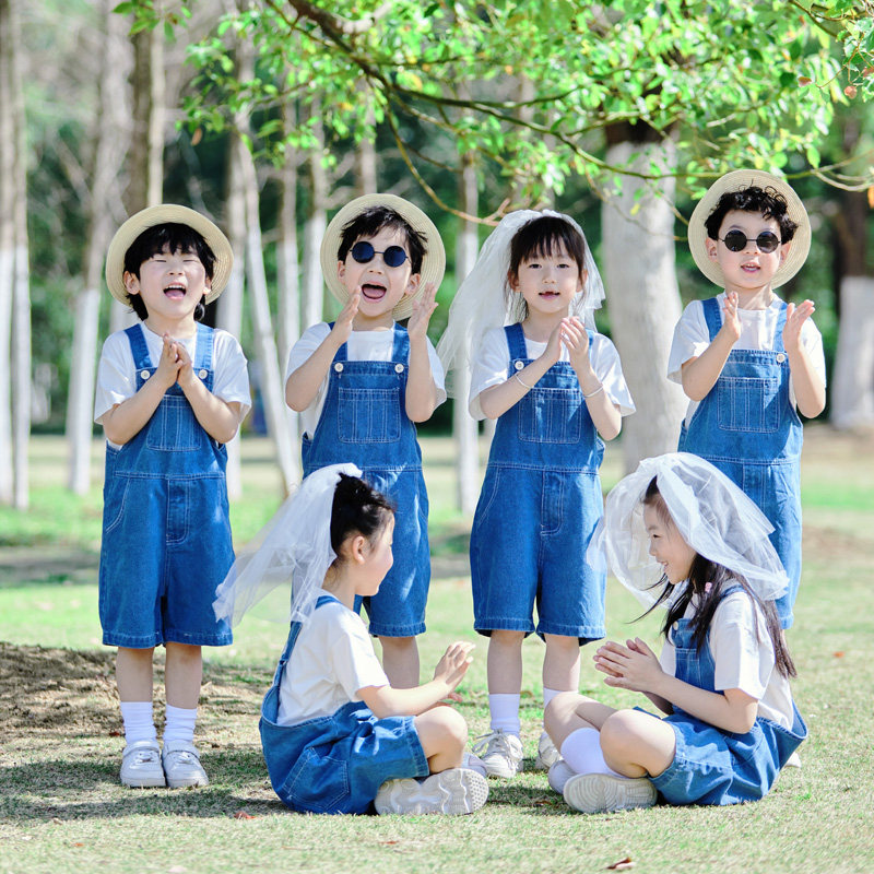 儿童牛仔背带短裤套装夏季运动会