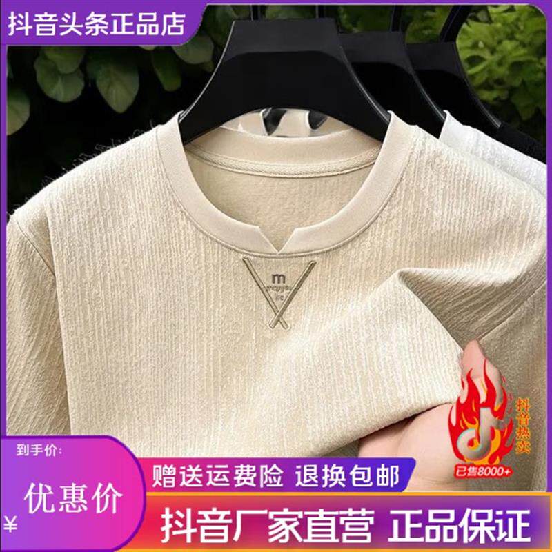 Amphelisia2026夏季新款男士小v领短袖T恤薄款透气肌理感褶皱男装