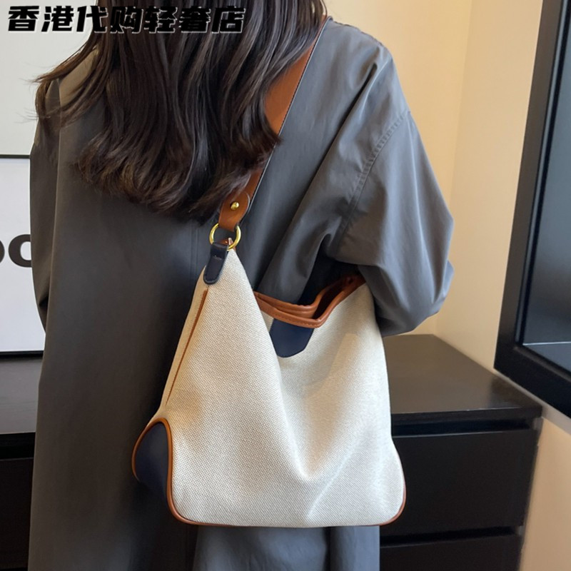 法国ZAMP高级真皮女包森系撞色帆布包时尚百搭通勤包大容量斜挎包