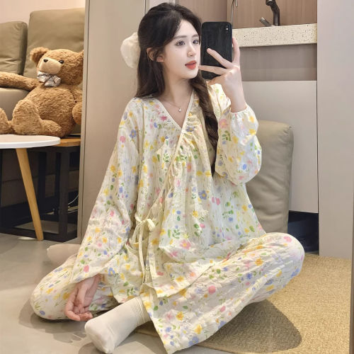 法国Uamtor云朵棉月子服秋季薄款产妇哺乳待产孕妇睡衣和服可外穿